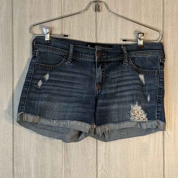 Hollister Midi Short Longest Length Medium Wash Distressed Cut Off Shorts SZ 27 - Picture 7 of 7